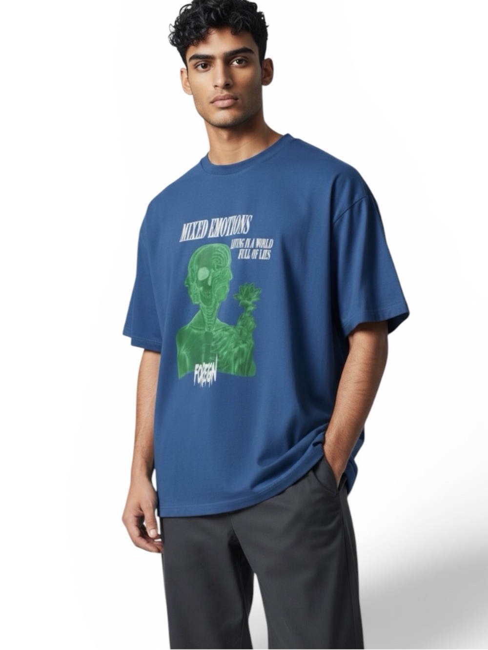 Foreign NWOT Blue Short Sleeve Tee with Green Graphic